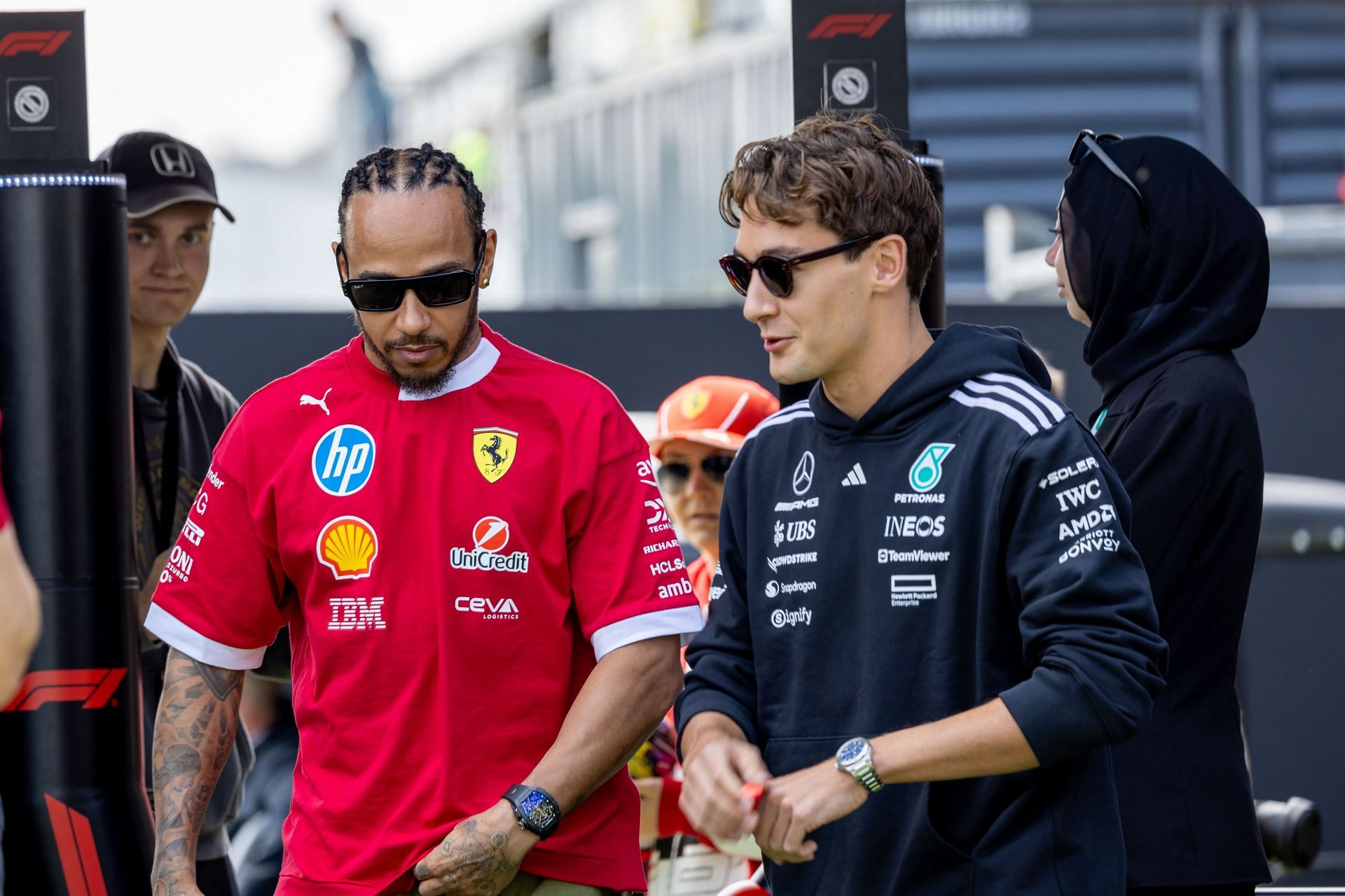 Lewis Hamilton with George Russell at the F1 Grand Prix of Canada - Practice - Source: Getty